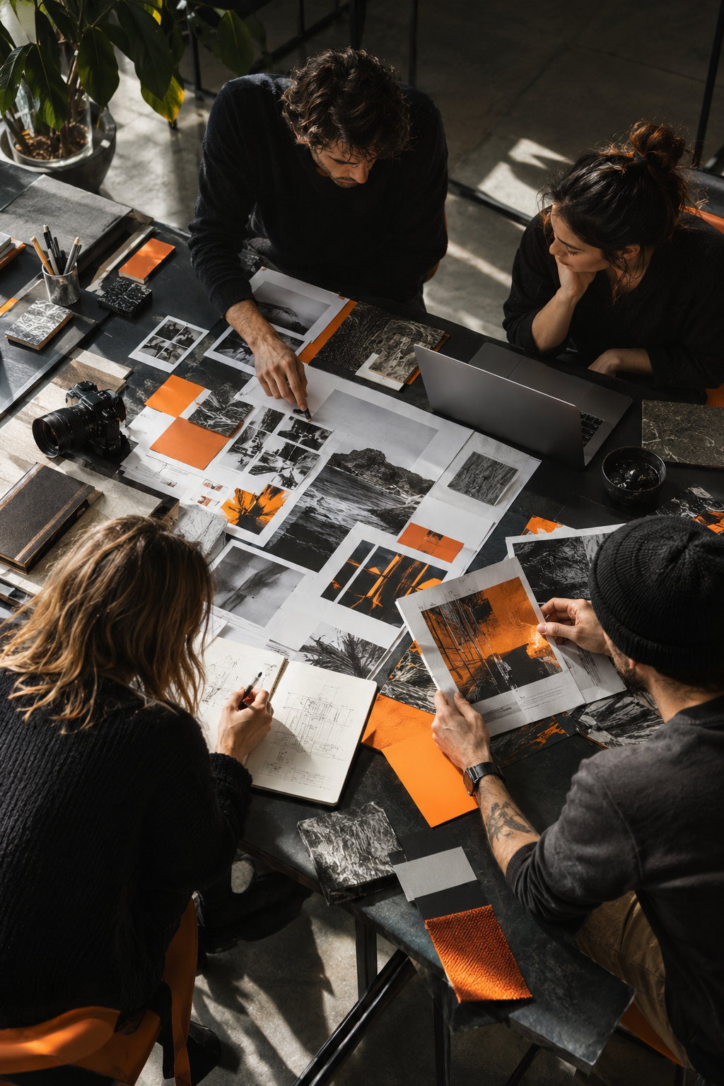 Equipo creativo colaborando alrededor de una mesa de trabajo