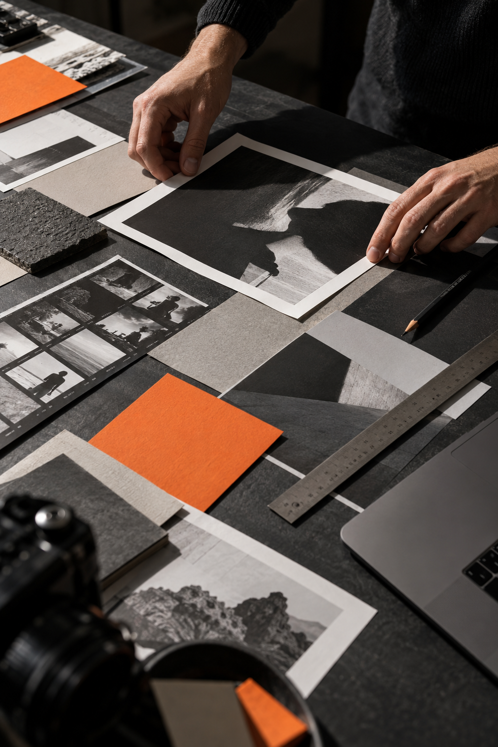 Manos organizando materiales de diseño y dirección visual