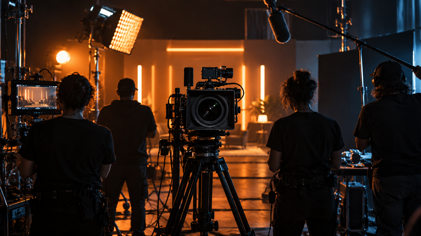 Set de grabación con equipo visto desde atrás y cámara de cine al centro