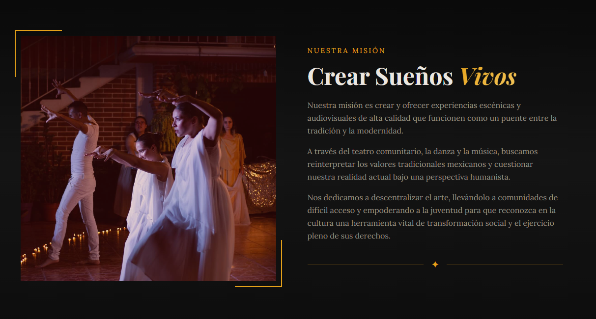 Sección de misión de Caeya Celestina con fotografía y texto editorial