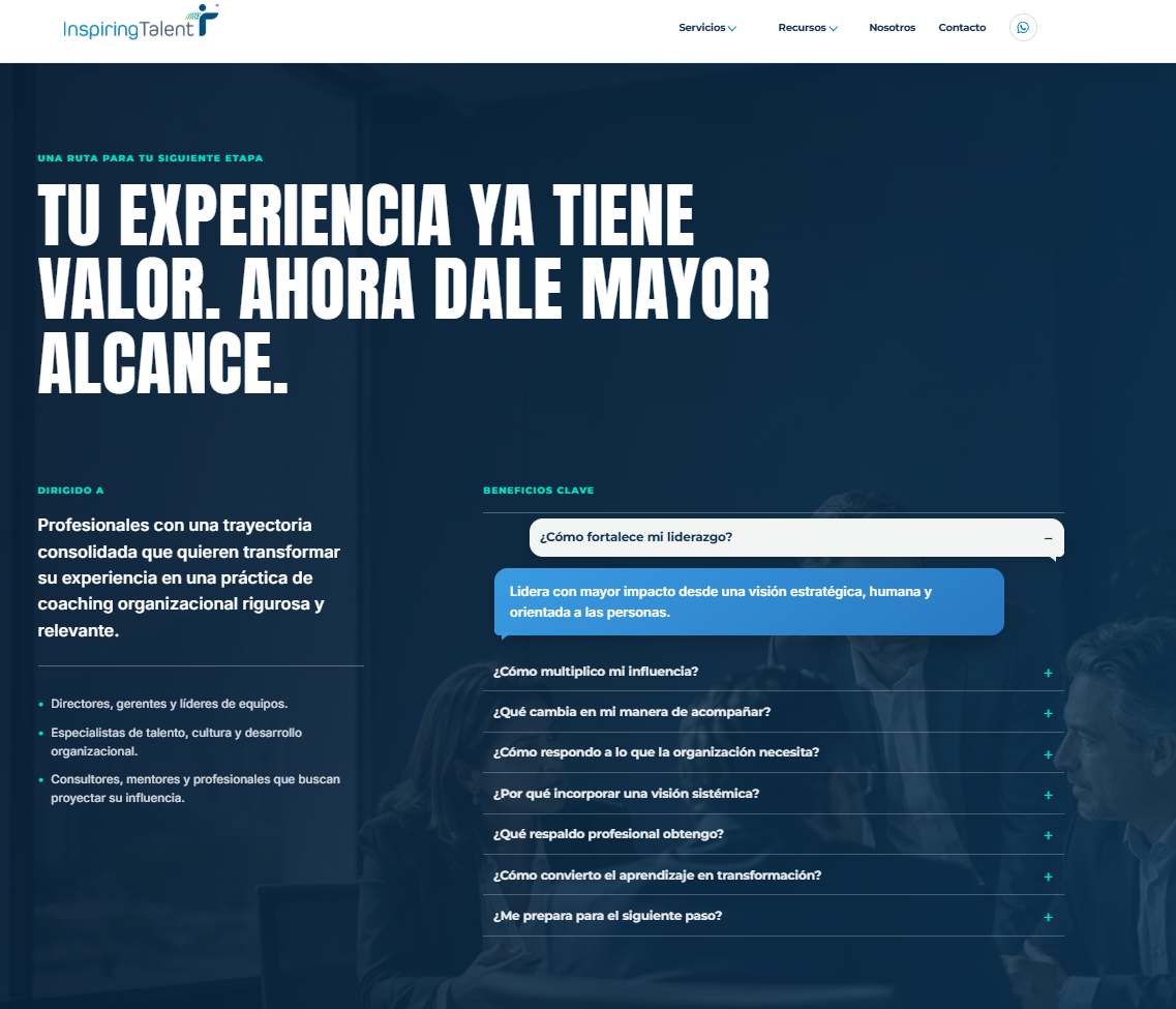 Página de servicios de Inspiring Talent con rutas de desarrollo y coaching