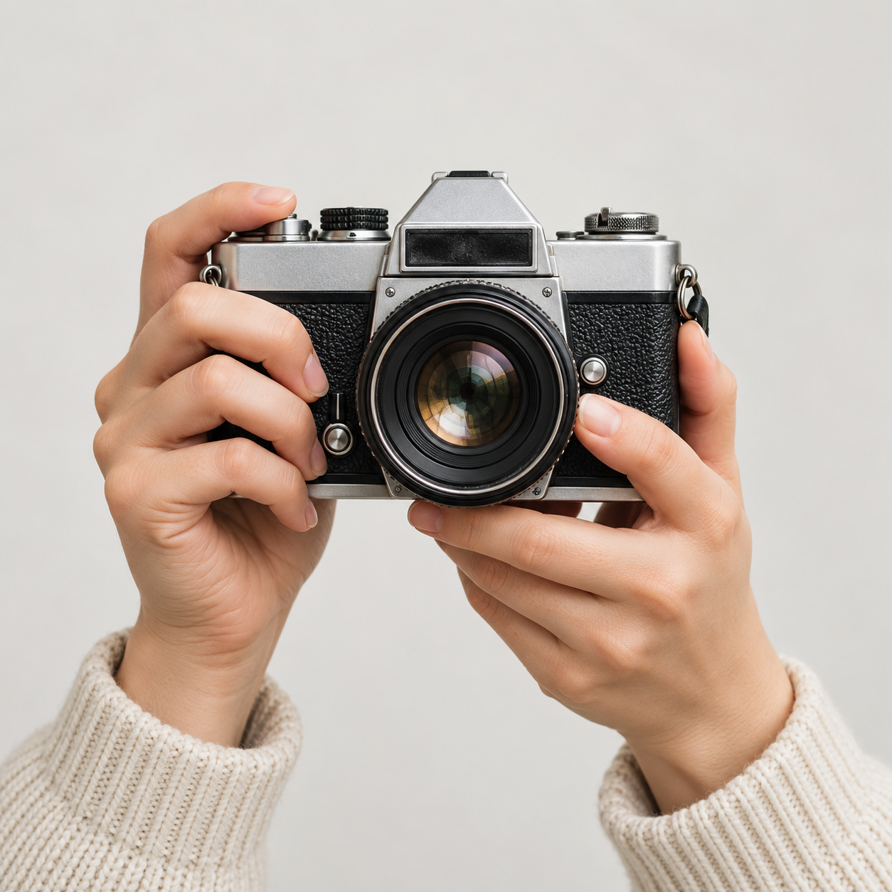Cámara analógica sostenida por las manos de una fotógrafa
